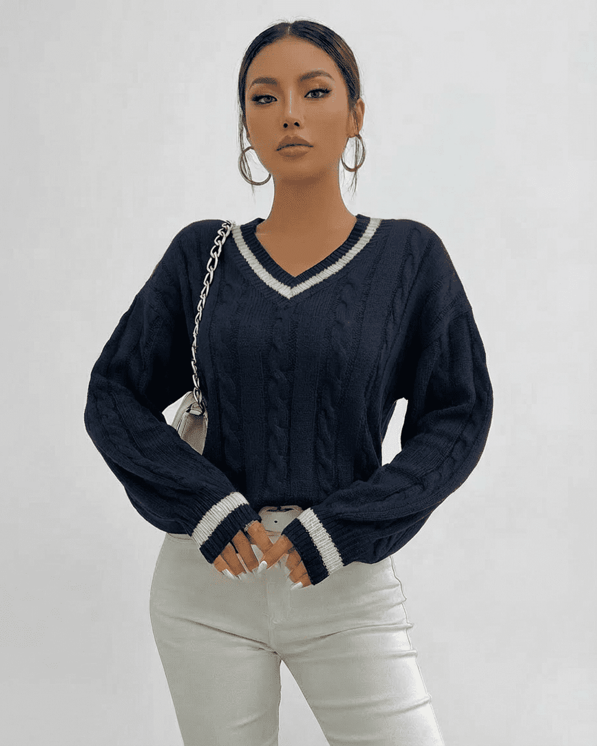 Marina Sweater by Slimona - Cable Knit V-Neck Pullover in black, featuring elegant detailing and a cozy fit.