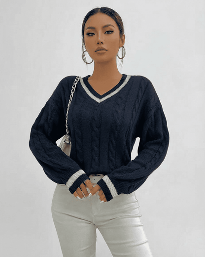 Marina Sweater by Slimona - Cable Knit V-Neck Pullover in black, featuring elegant detailing and a cozy fit.