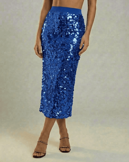 Marisol Midi Skirt by Slimona – Sequin high waist bodycon midi skirt in rich blue, perfect for elegant evening styling.