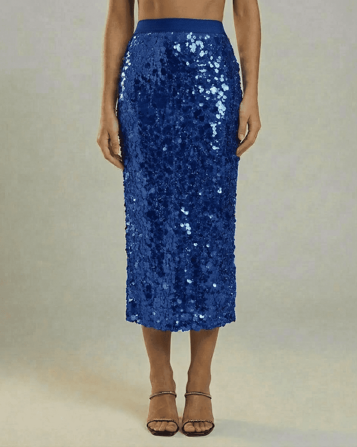 Marisol Midi Skirt by Slimona, sequin high waist bodycon midi skirt in rich blue, perfect for elegant evening styling.