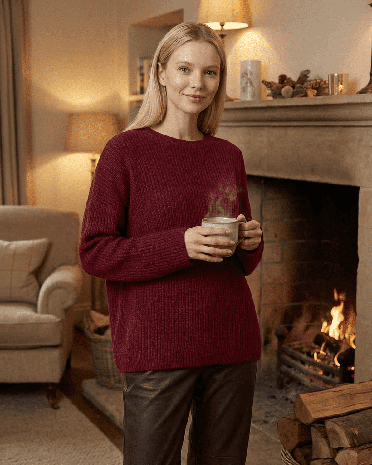 Marlo Sweater by Slimona, cozy loose fit ribbed knitwear in burgundy, perfect for fall and winter relaxation.