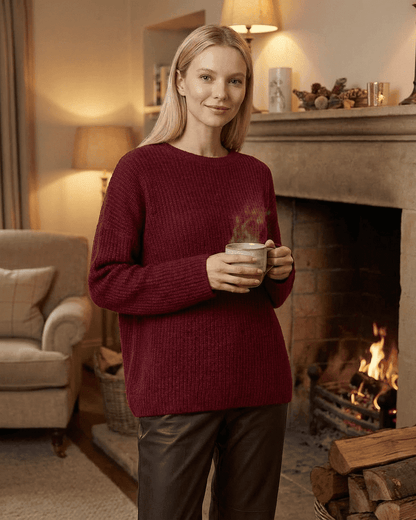 Marlo Sweater by Slimona, cozy loose fit ribbed knitwear in burgundy, perfect for fall and winter relaxation.