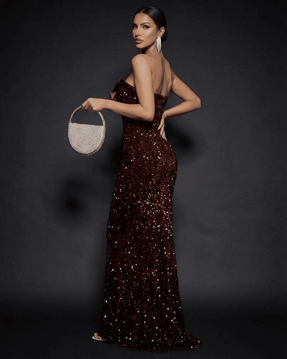Marquise Maxi Dress by Slimona, featuring a strapless design and shimmering sequins, perfect for glamorous evening events.