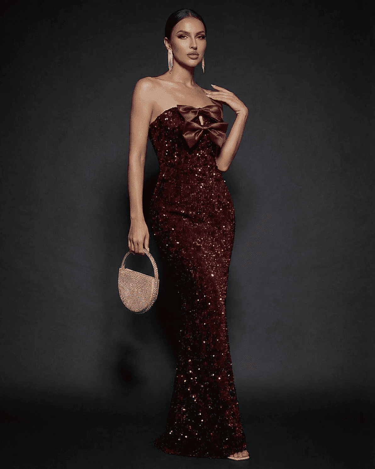 Marquise Maxi Dress by Slimona, strapless sequined gown with satin bow and thigh-high slit.