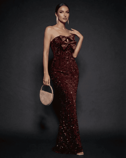 Marquise Maxi Dress by Slimona, strapless sequined gown with satin bow and thigh-high slit.