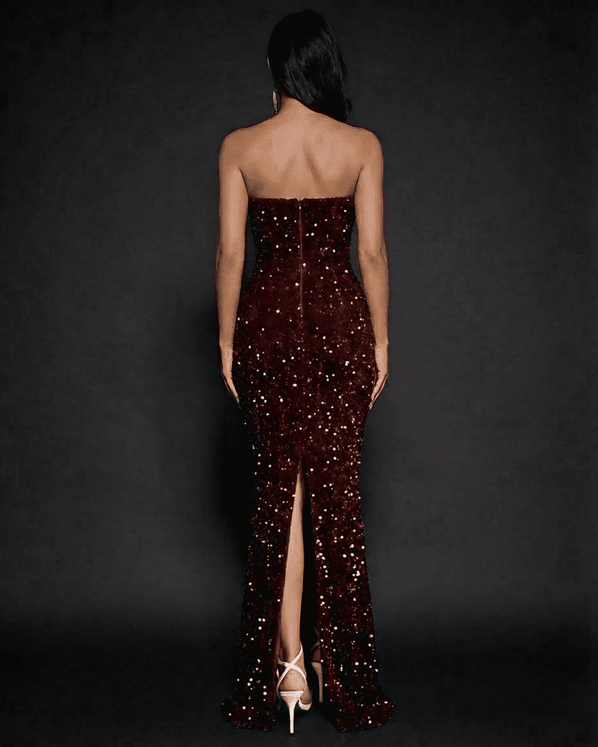 Back view of the Marquise Maxi Dress by Slimona, featuring a strapless design, thigh-high slit, and sequin embellishments.