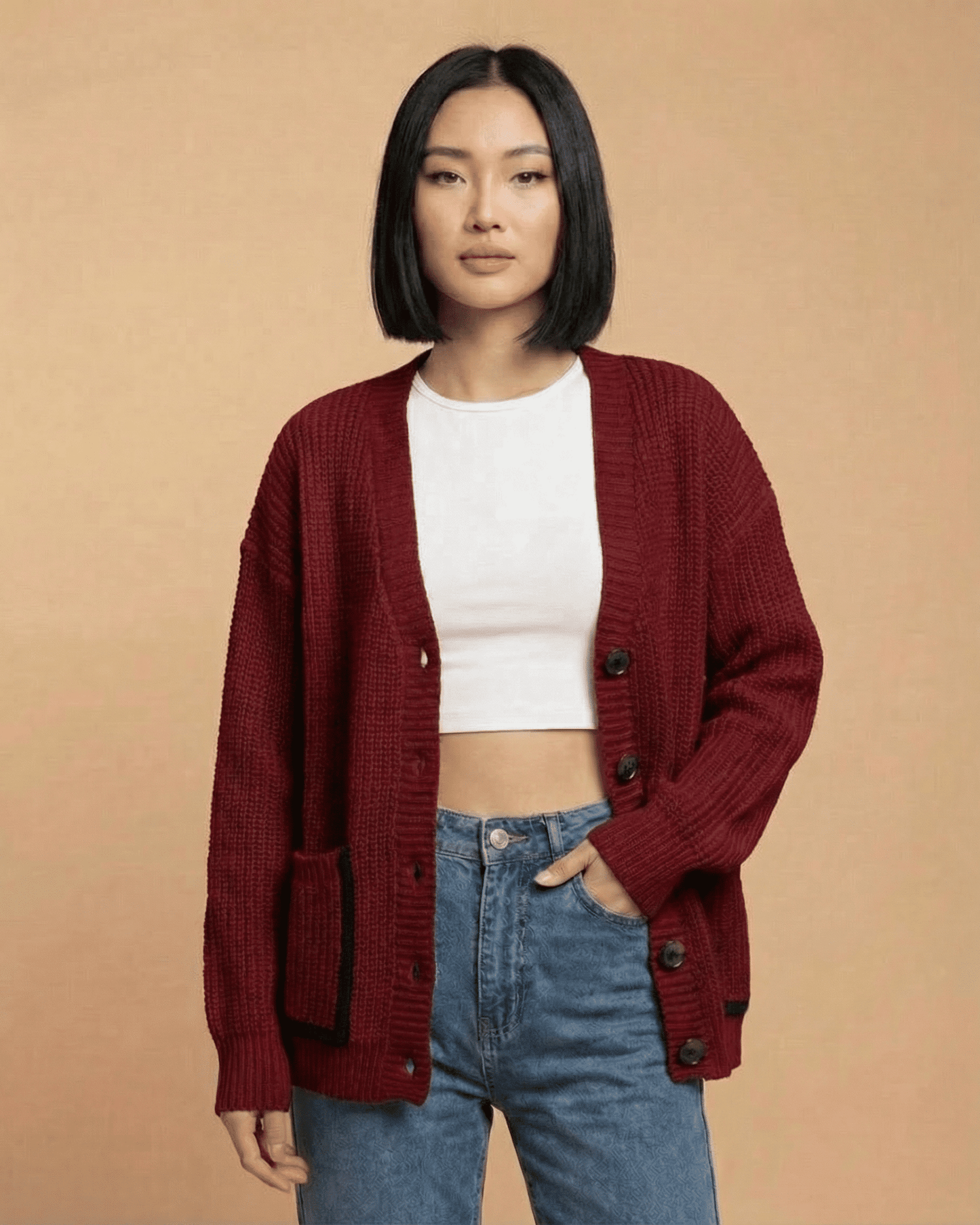 Slimona Merano Cardigan in burgundy, loose fit, V-neck style, perfect for layering and versatile looks.