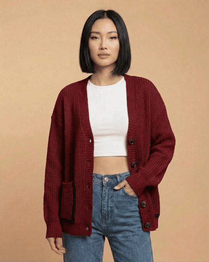 Slimona Merano Cardigan in burgundy, loose fit, V-neck style, perfect for layering and versatile looks.