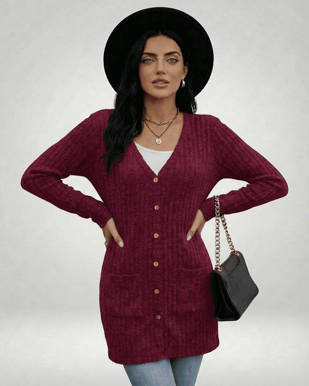 Merlot Cardigan by Slimona, longline button-front knitwear, featuring a textured knit and V-neckline.