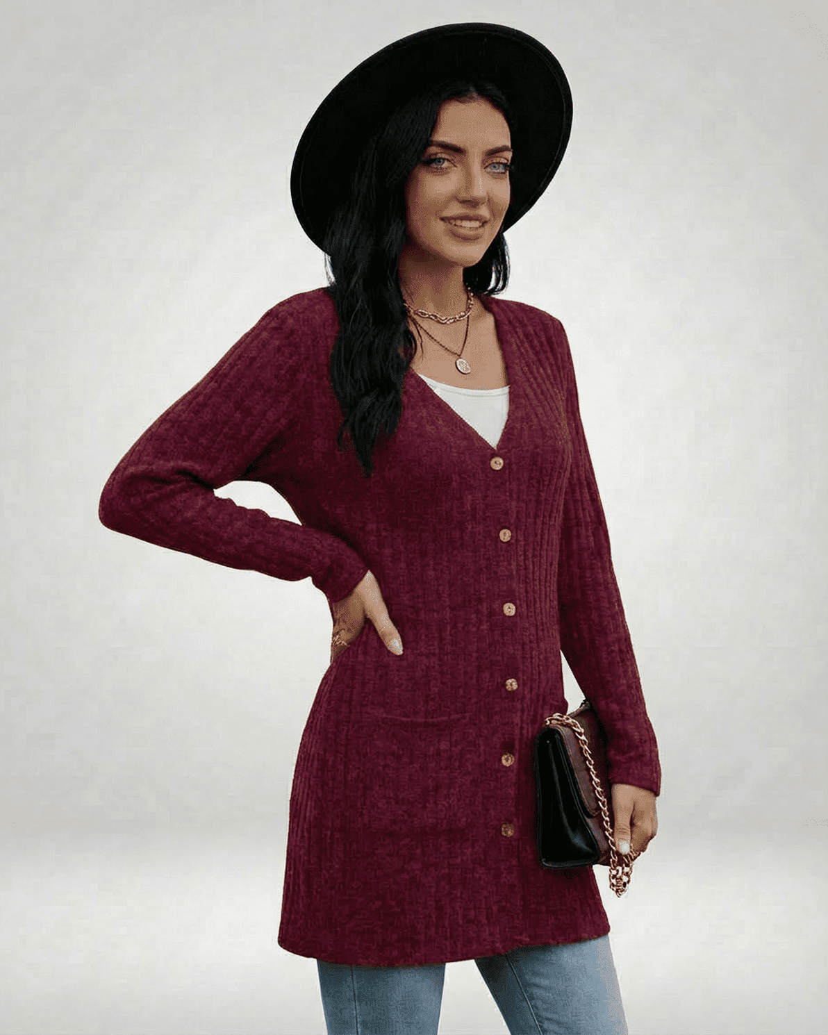 Slimona Merlot Cardigan displayed by a model, featuring a longline silhouette, button-front design, and rich burgundy color.