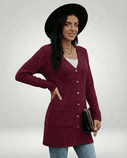 Slimona Merlot Cardigan displayed by a model, featuring a longline silhouette, button-front design, and rich burgundy color.