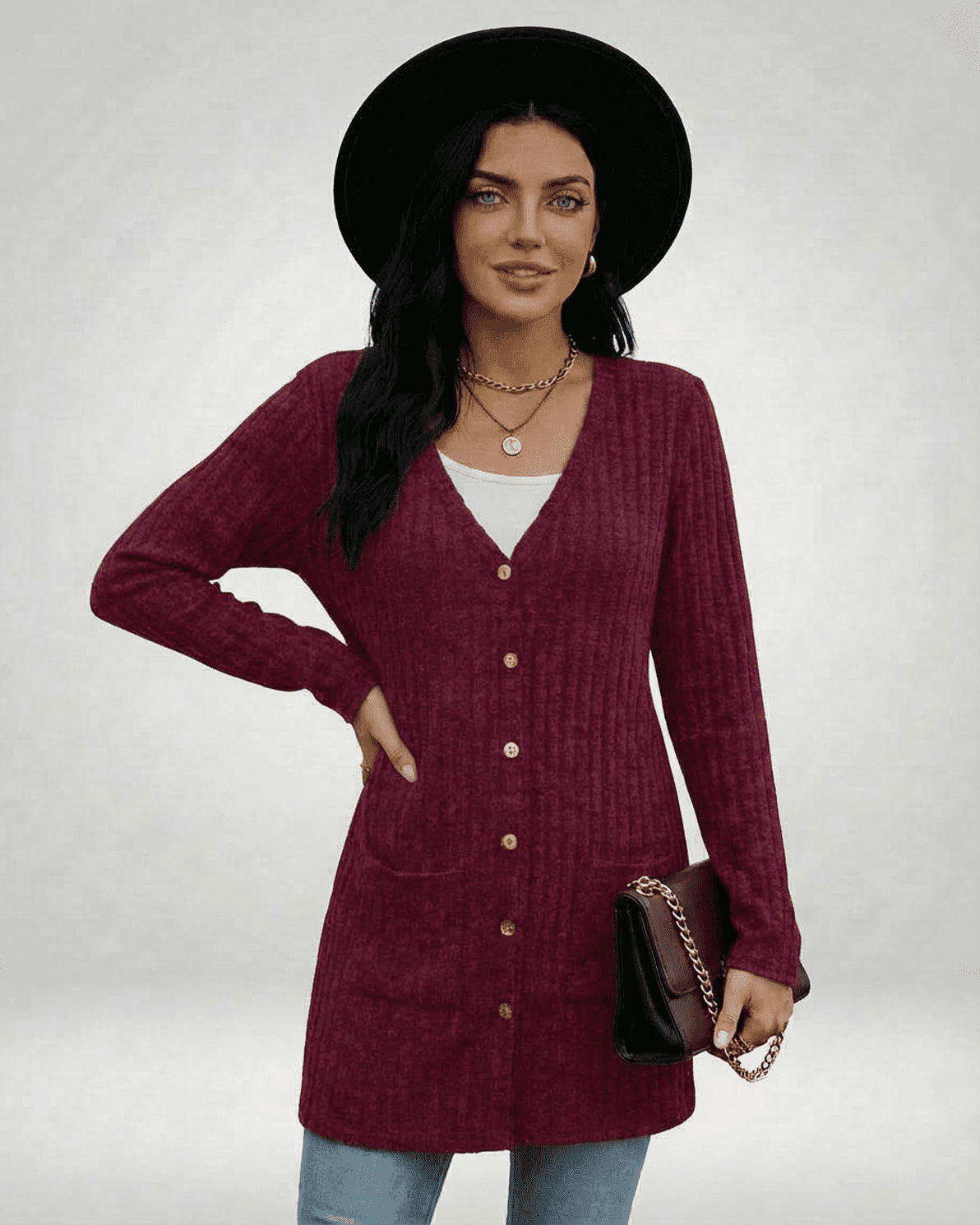 Merlot Cardigan by Slimona - Longline button-front knitwear in rich burgundy with classic V-neckline.