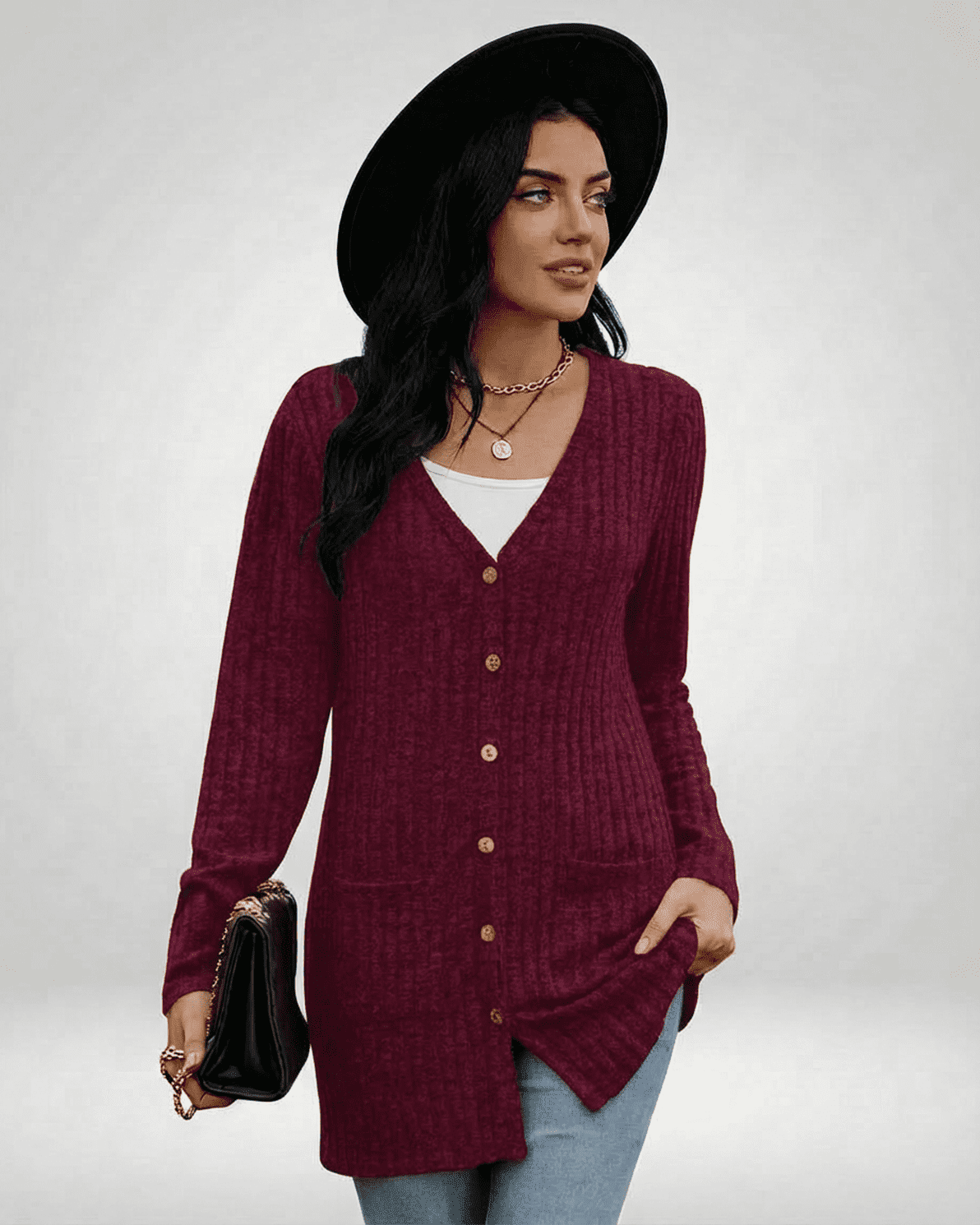 Merlot Cardigan by Slimona worn by a model, featuring longline design, button-front closure, and V-neckline.