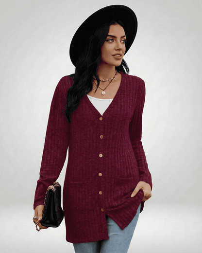 Merlot Cardigan by Slimona worn by a model, featuring longline design, button-front closure, and V-neckline.