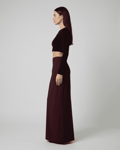 Merlot Maxi Skirt by Slimona, showcasing a high-waisted silhouette with elegant slit, epitomizing modern elegance.