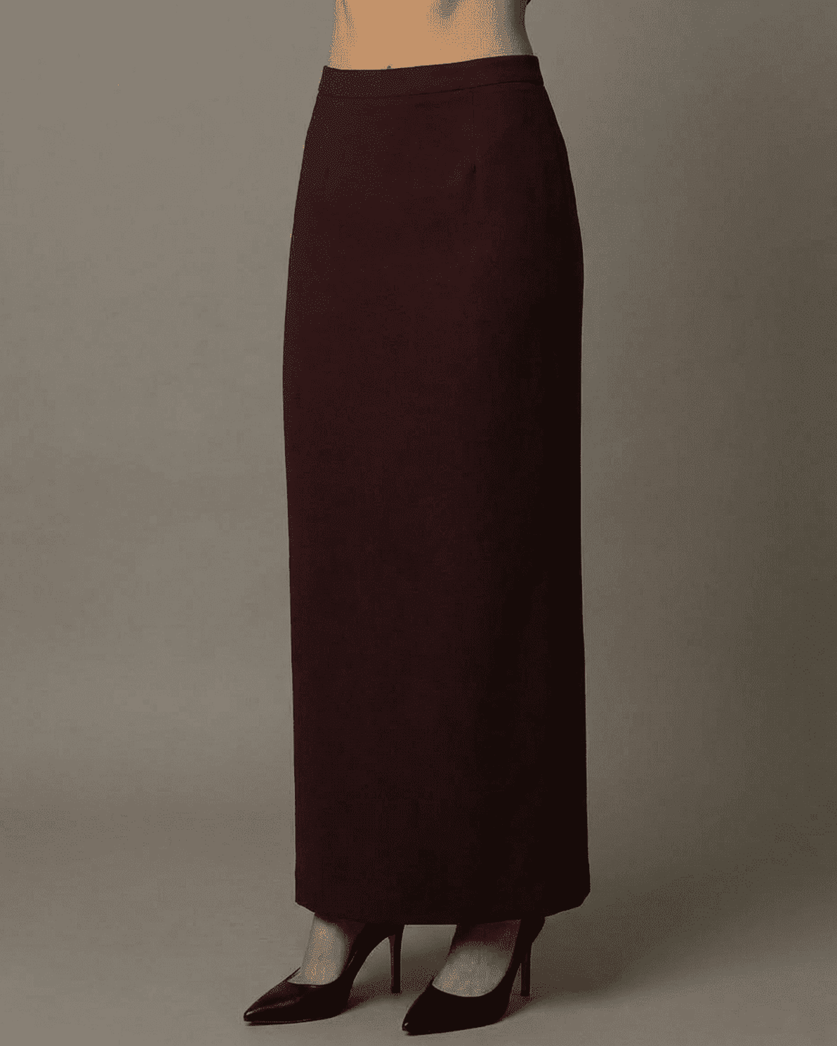 Merlot Maxi Skirt by Slimona featuring a high-waisted straight silhouette and elegant slit.