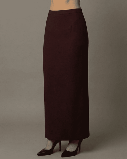 Merlot Maxi Skirt by Slimona featuring a high-waisted straight silhouette and elegant slit.
