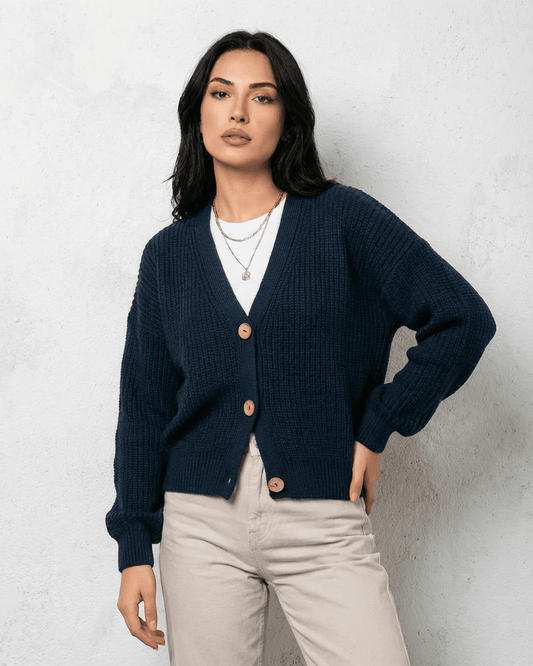 Midnight Cardigan by Slimona in deep navy knitwear, featuring a classic V-neck and relaxed fit.