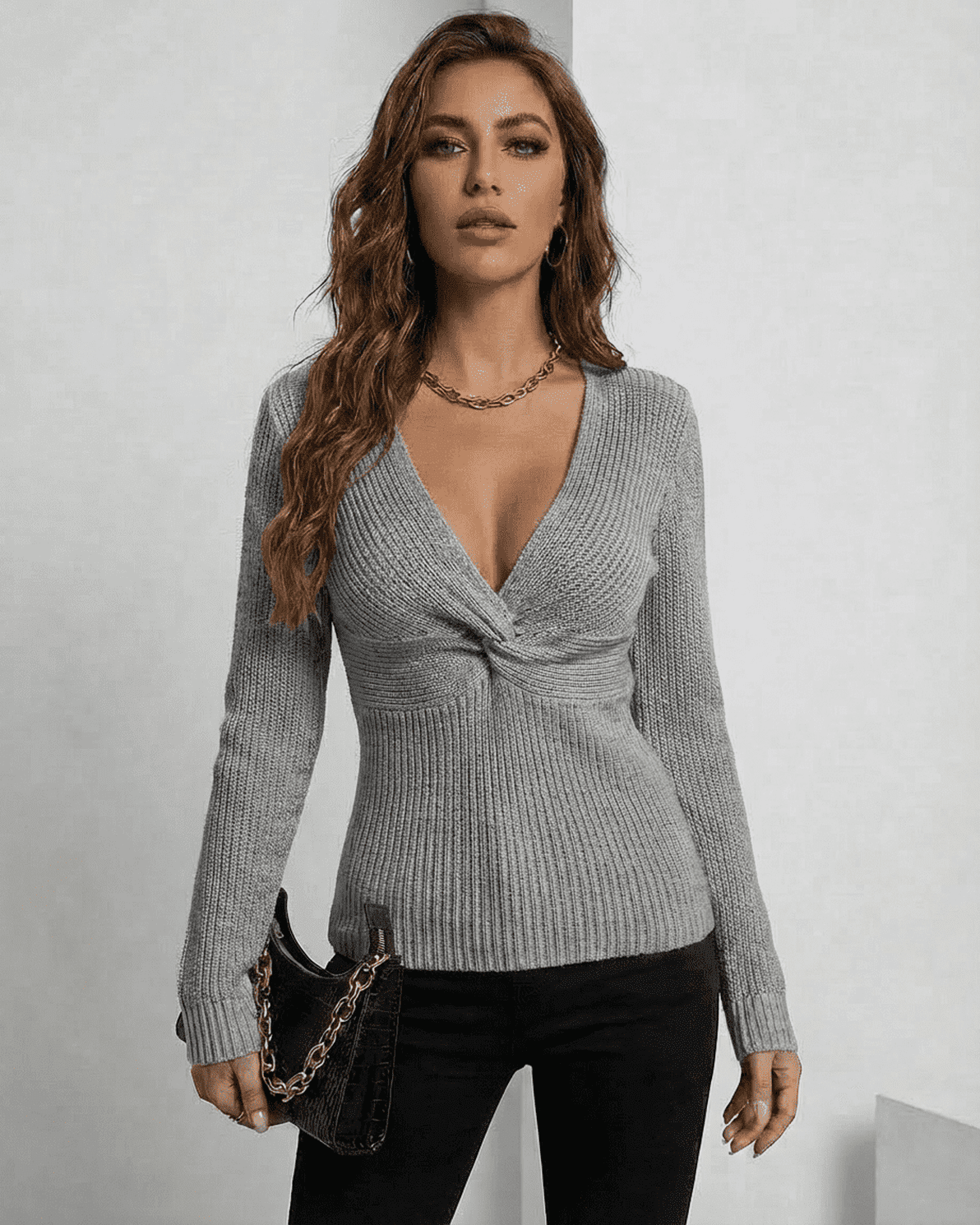 Nerina Pullover by Slimona - Elegant grey slim fit V-neck sweater with ribbed design and chic silhouette.