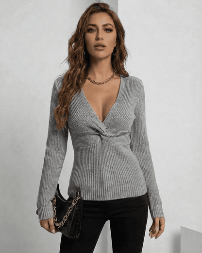 Nerina Pullover by Slimona - Elegant grey slim fit V-neck sweater with ribbed design and chic silhouette.