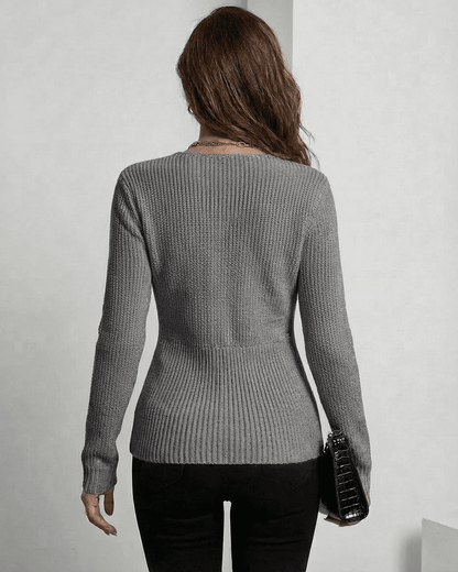Nerina Pullover in elegant grey showcasing a refined ribbed slim fit from the back by Slimona.