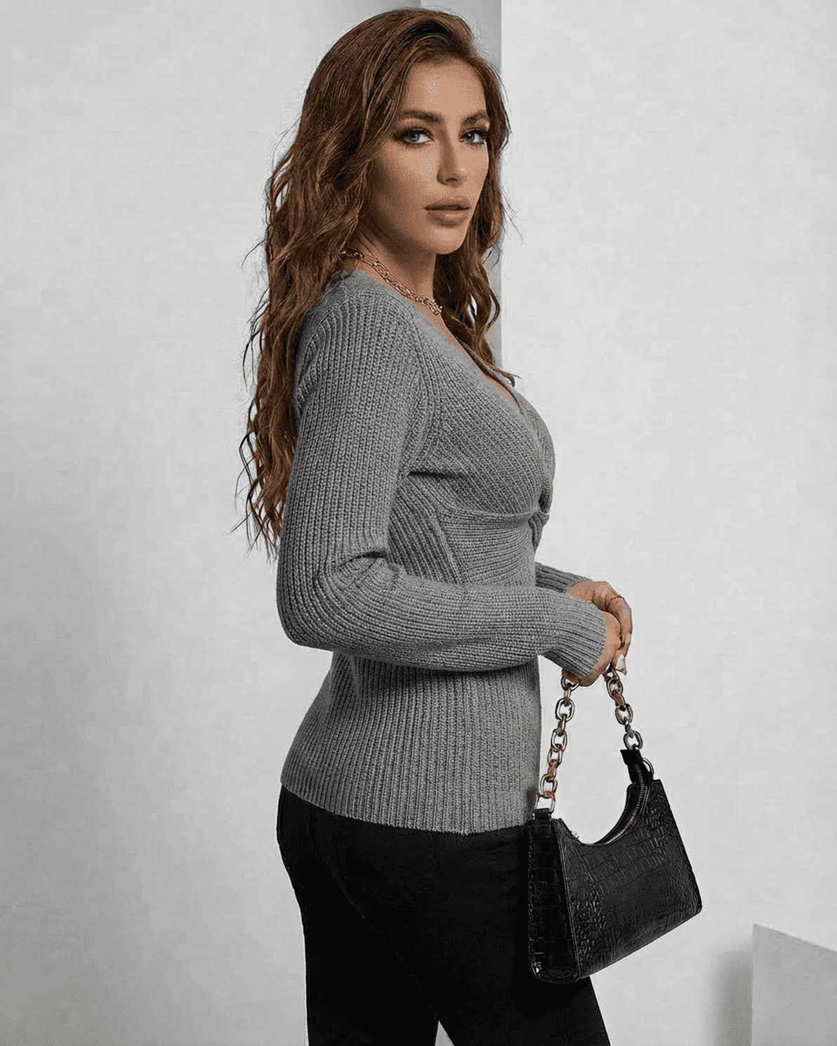 Nerina Pullover by Slimona - Elegant grey ribbed slim fit V-neck sweater on model.
