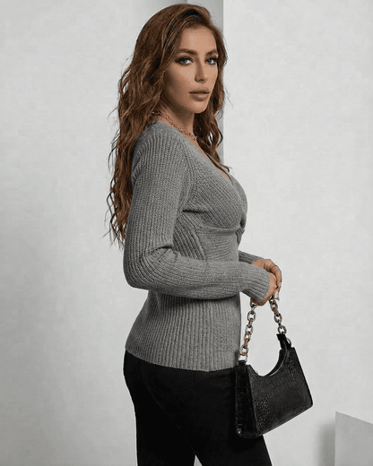 Nerina Pullover by Slimona - Elegant grey ribbed slim fit V-neck sweater on model.