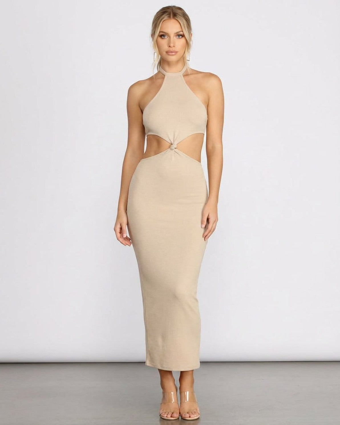 Nina Midi Dress by Slimona featuring a chic ribbed halter neckline and trendy cutout details in a neutral tone.