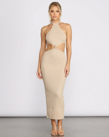 Nina Midi Dress by Slimona featuring a chic ribbed halter neckline and trendy cutout details in a neutral tone.