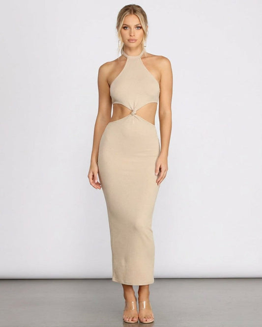Nina Midi Dress by Slimona featuring a chic ribbed halter neckline and trendy cutout details in a neutral tone.
