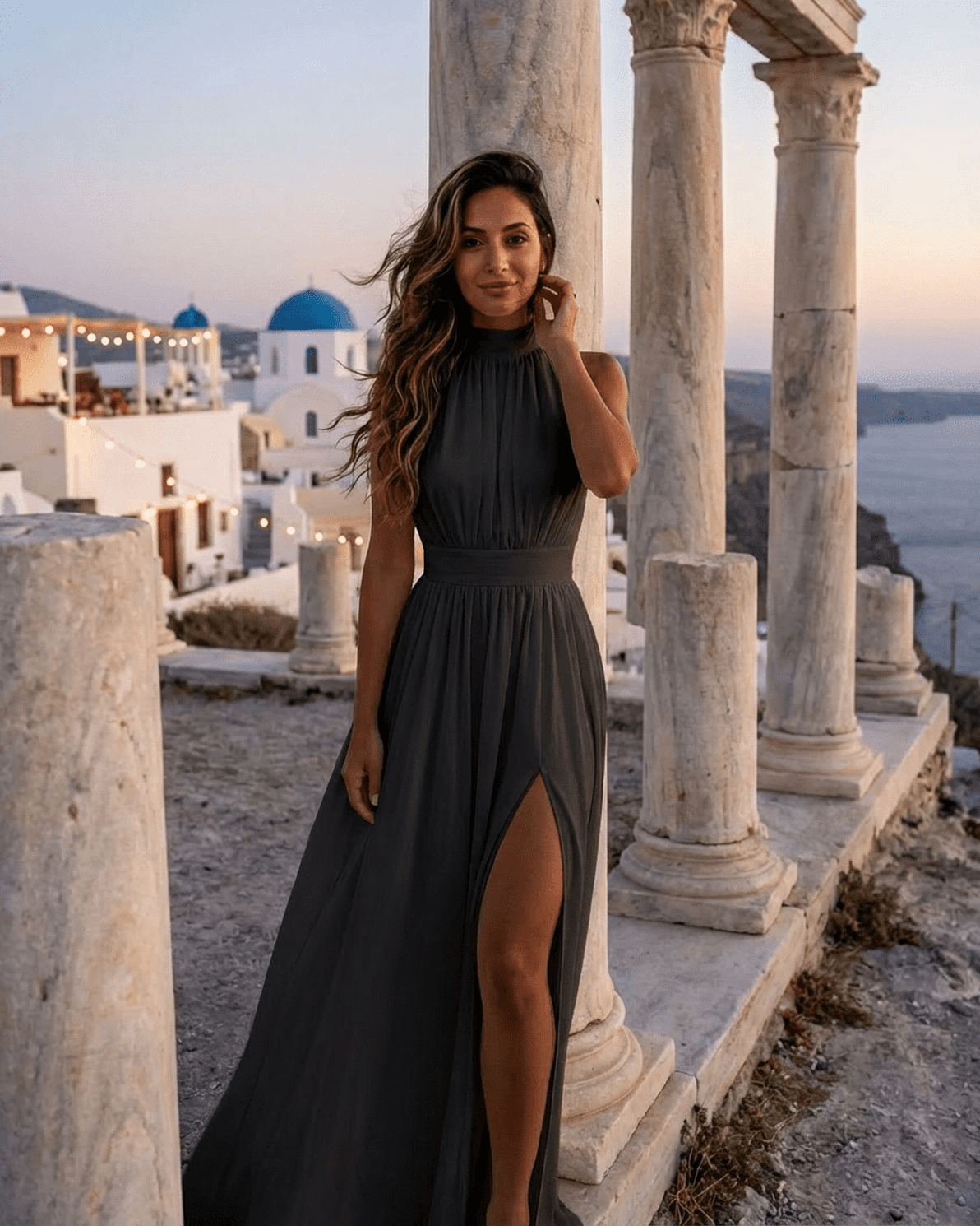 Noctis Maxi Dress by Slimona, sleeveless turtleneck dress with high waist and side slit against scenic background.