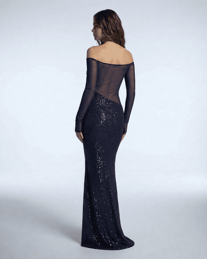 Back view of the Noctura Maxi Dress by Slimona, showcasing its elegant sequin design and sheer mesh detailing.
