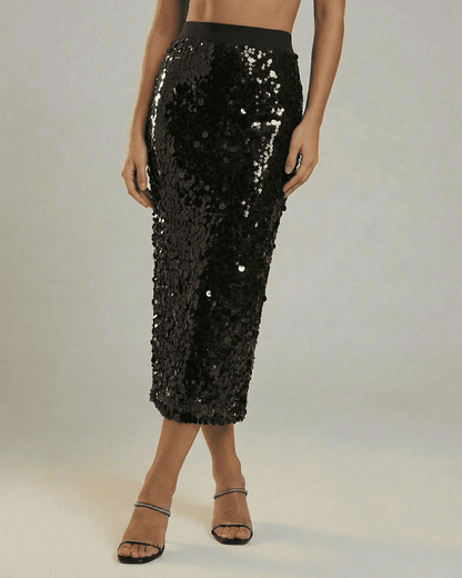 Noctura Midi Skirt by Slimona – Sequin high waist bodycon midi skirt in black, perfect for evening styling.