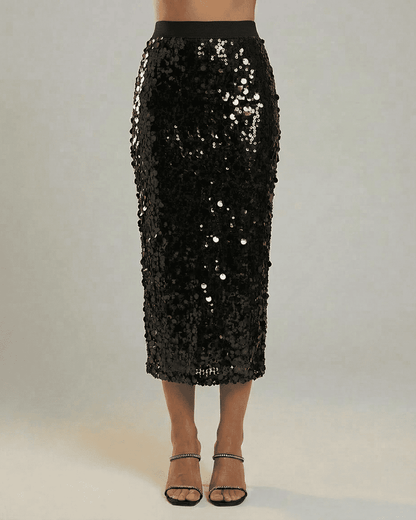 Noctura Midi Skirt by Slimona - black sequin high waist bodycon midi skirt showcased.