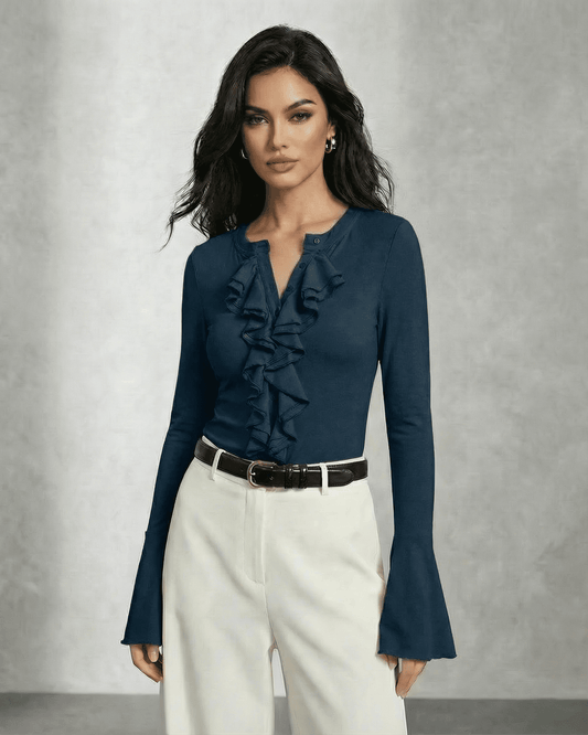 Nocturne Blouse by Slimona, long sleeve ruffled blouse with elegant draped front, perfect for polished everyday dressing.