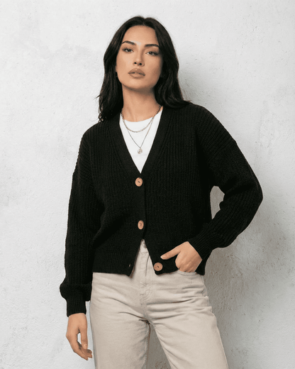 Noir Cardigan by Slimona – Stylish black knitwear with V-neck and button detail styled on a model.