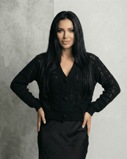 Noir Cardigan by Slimona, elegant lace knit V-neck cardigan for women, refined style with relaxed fit.