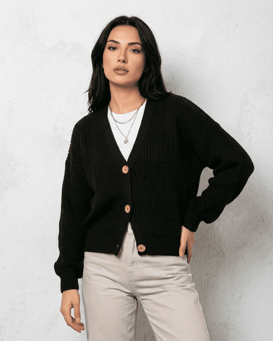 Noir Cardigan by Slimona - Sleek black knitwear with classic V-neck and button detail, perfect for stylish layering.