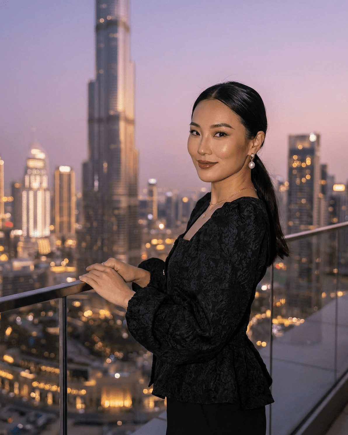Model showcasing the Noir Corset Top by Slimona against a stunning skyline backdrop, highlighting its elegant design.