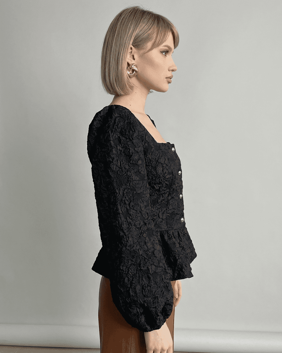 Noir Corset Top by Slimona - Jacquard blouse with puff sleeves and square neckline, showcasing fine craftsmanship.