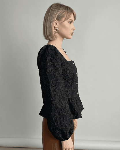 Noir Corset Top by Slimona - Jacquard blouse with puff sleeves and square neckline, showcasing fine craftsmanship.
