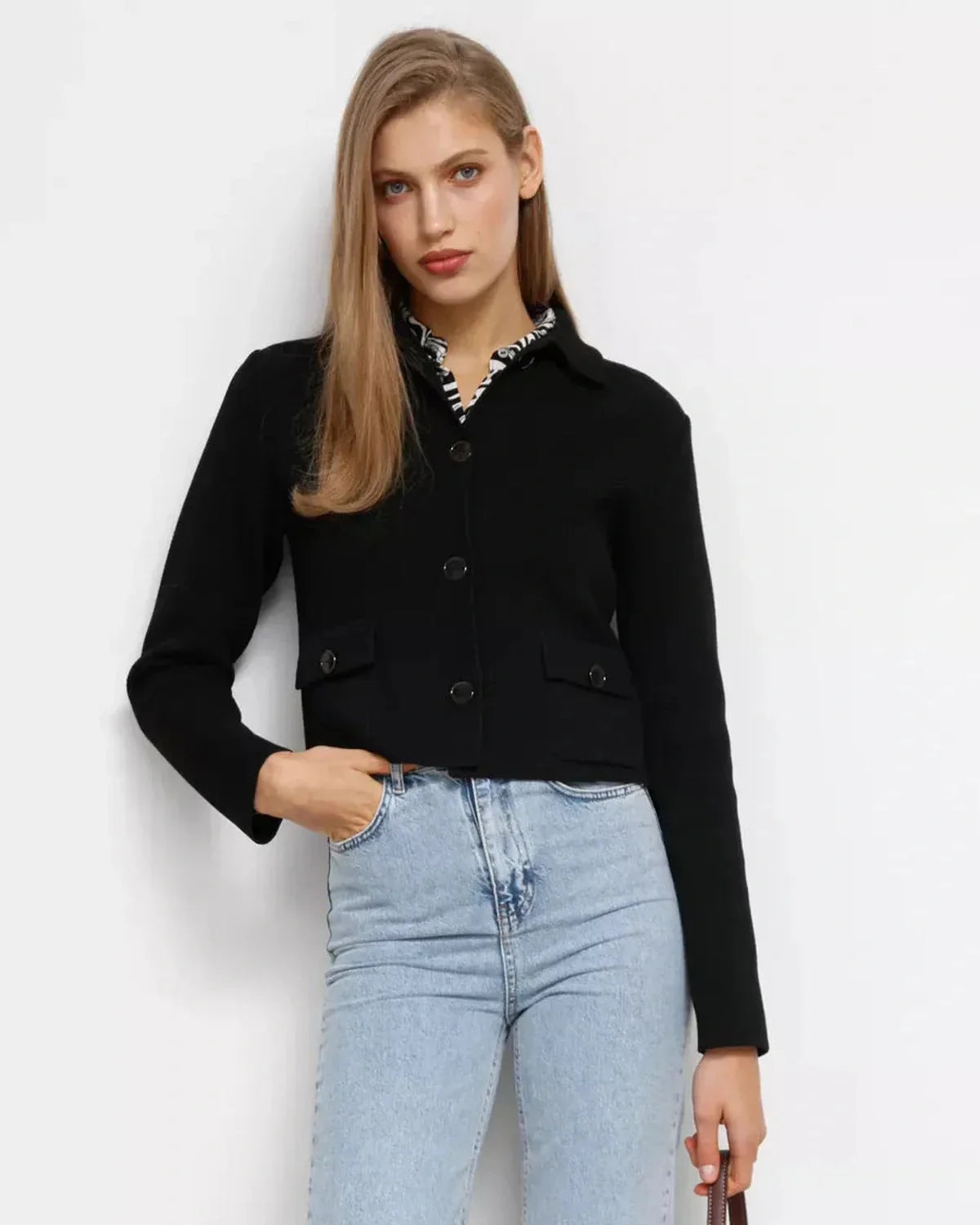 Noir Jacket by Slimona — Cropped black women's jacket with button closure, perfect for layering.