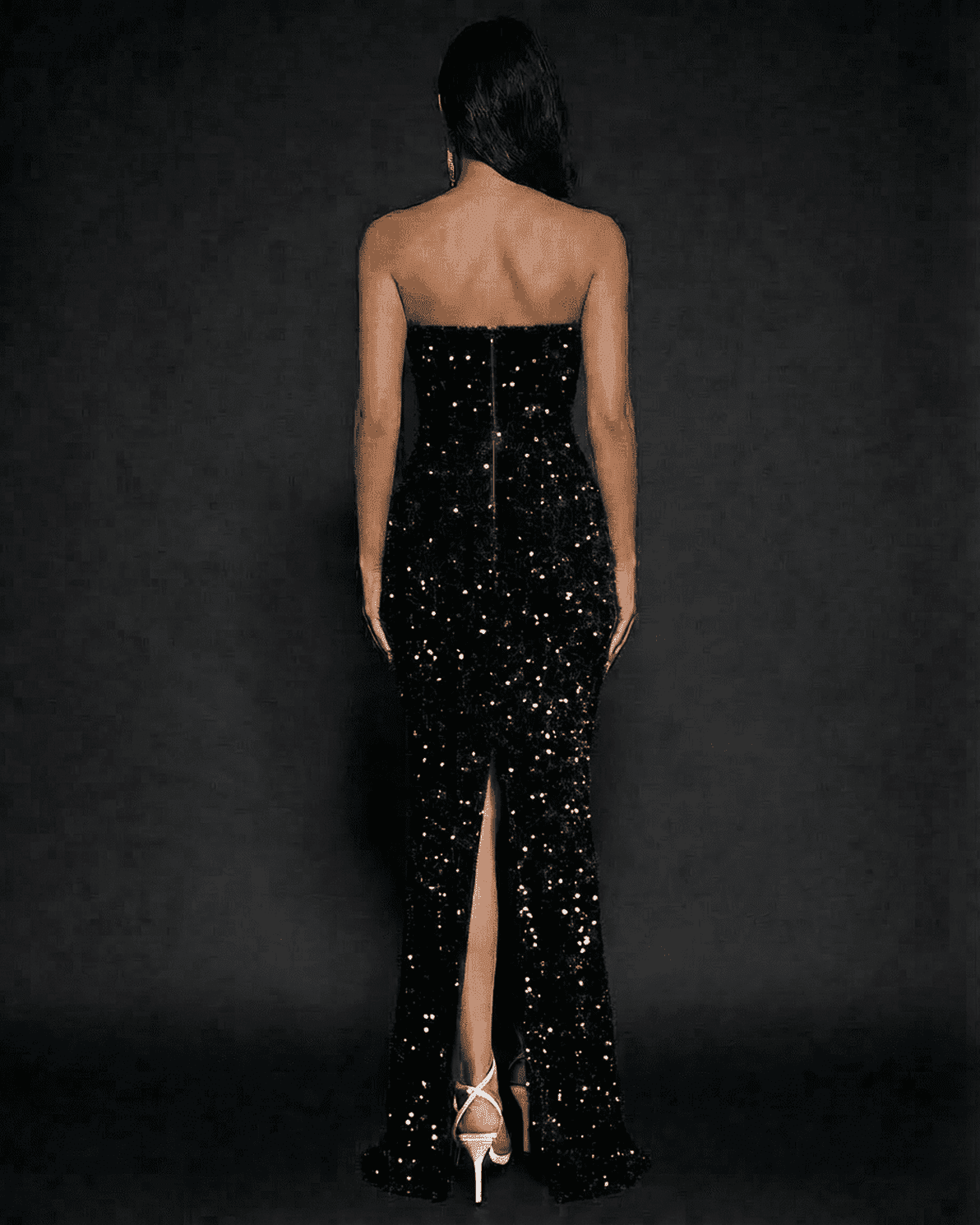 Noir Maxi Dress by Slimona, elegant strapless sequin evening gown with a sophisticated fit and subtle train.