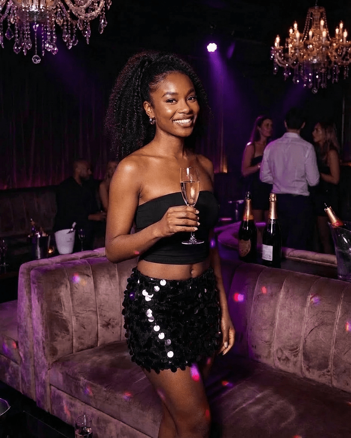 Woman wearing a Noir Mini Skirt by Slimona, black sequined A-line bodycon mini skirt, holding a champagne glass in a chic lounge.