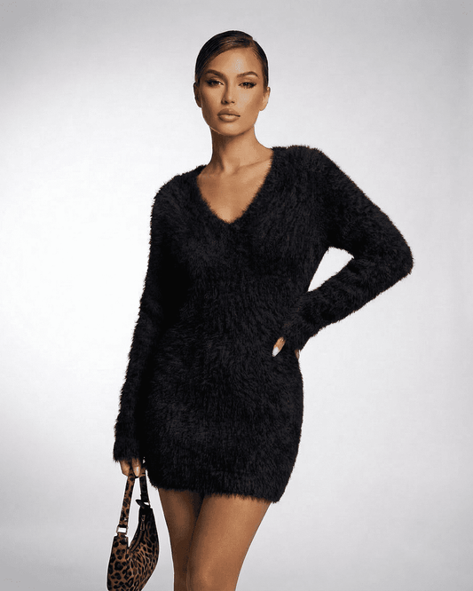 Noir Sweater by Slimona, V-neck fuzzy plush knit design, perfect for modern minimalism and cozy seasonal dressing.