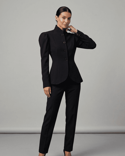 Noiré Blazer by Slimona with stand collar and puff sleeves in elegant black tailored design.