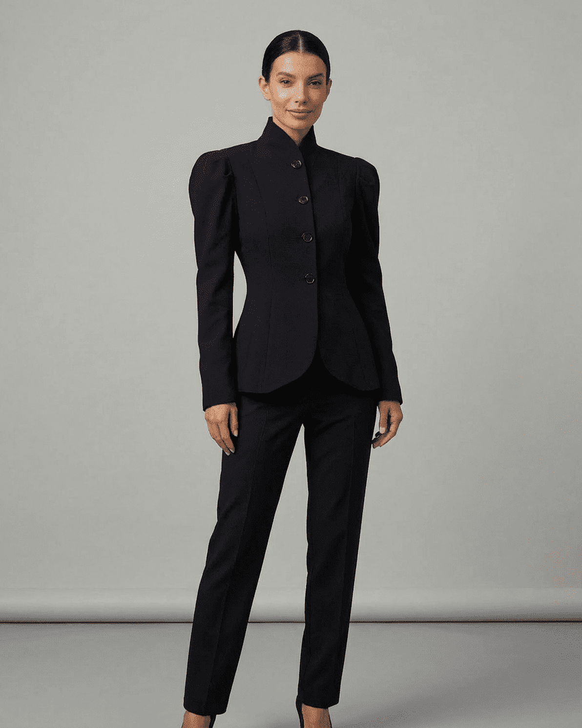 Noiré Blazer by Slimona, featuring a stand collar and puff sleeves for an elegant, tailored look.