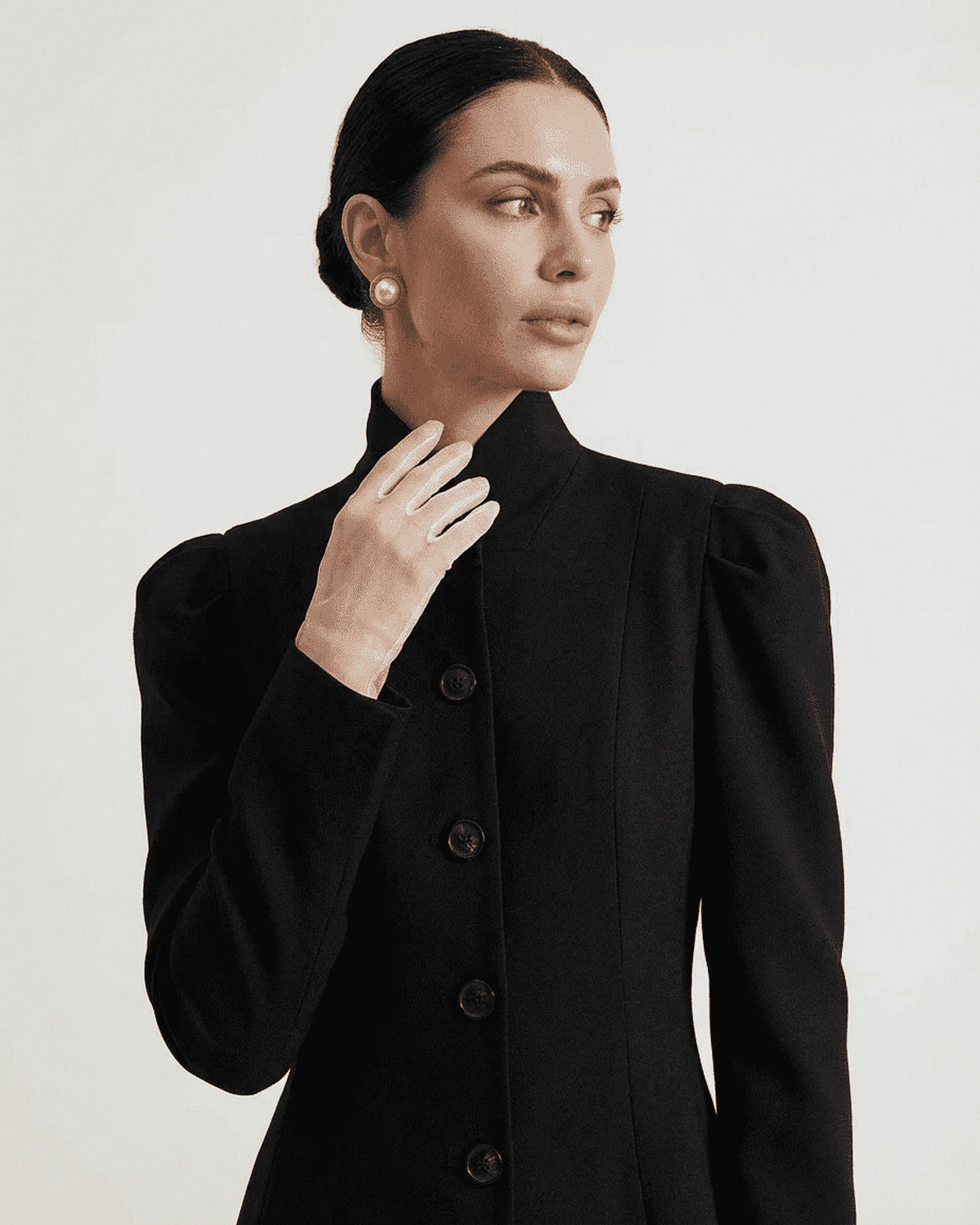 Noiré Blazer by Slimona, featuring a stand collar and structured puff sleeves for elegant women's workwear.