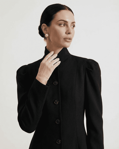 Noiré Blazer by Slimona, featuring a stand collar and structured puff sleeves for elegant women's workwear.