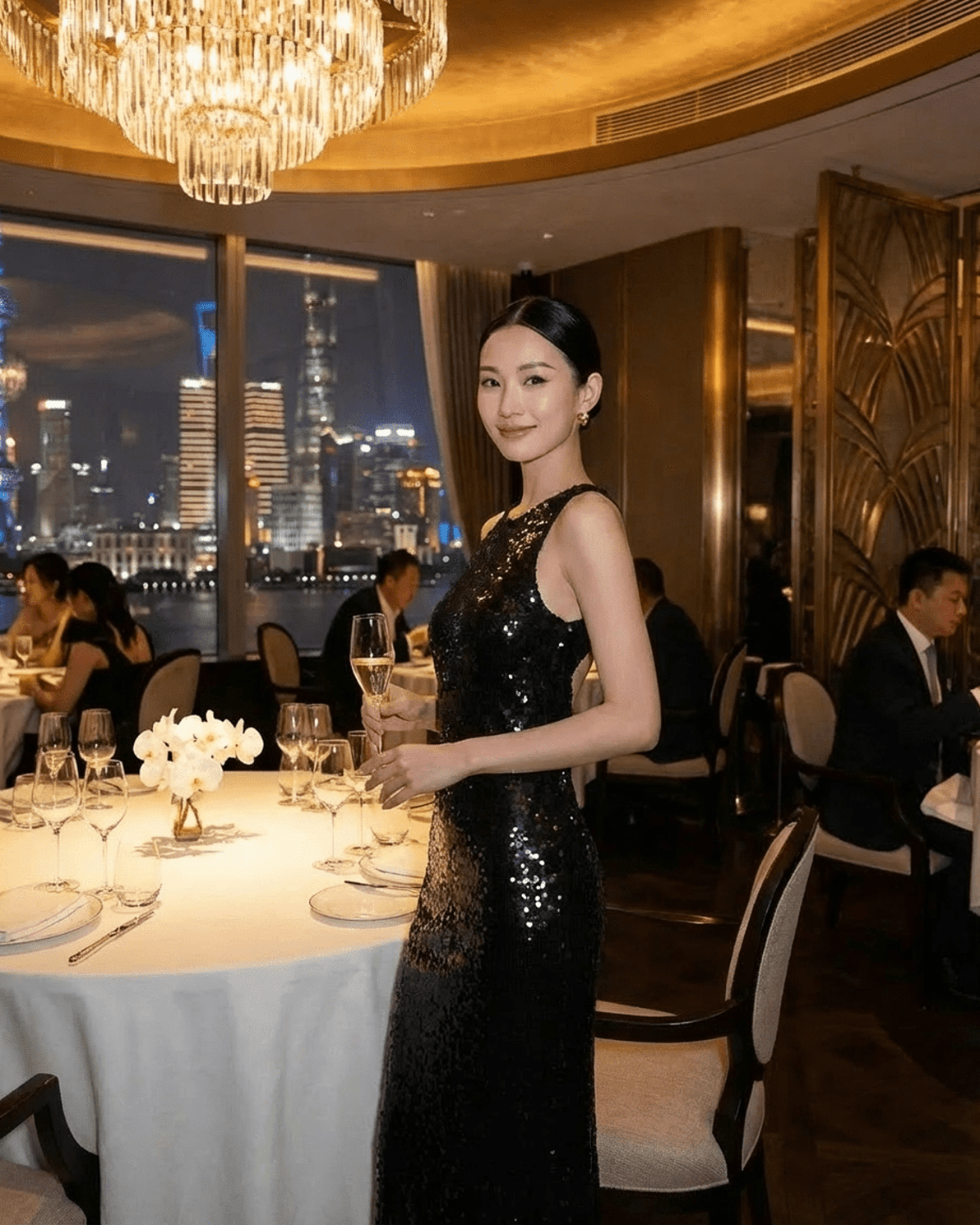Noiré Maxi Dress by Slimona worn in an elegant restaurant setting, showcasing backless design and floral sequins.